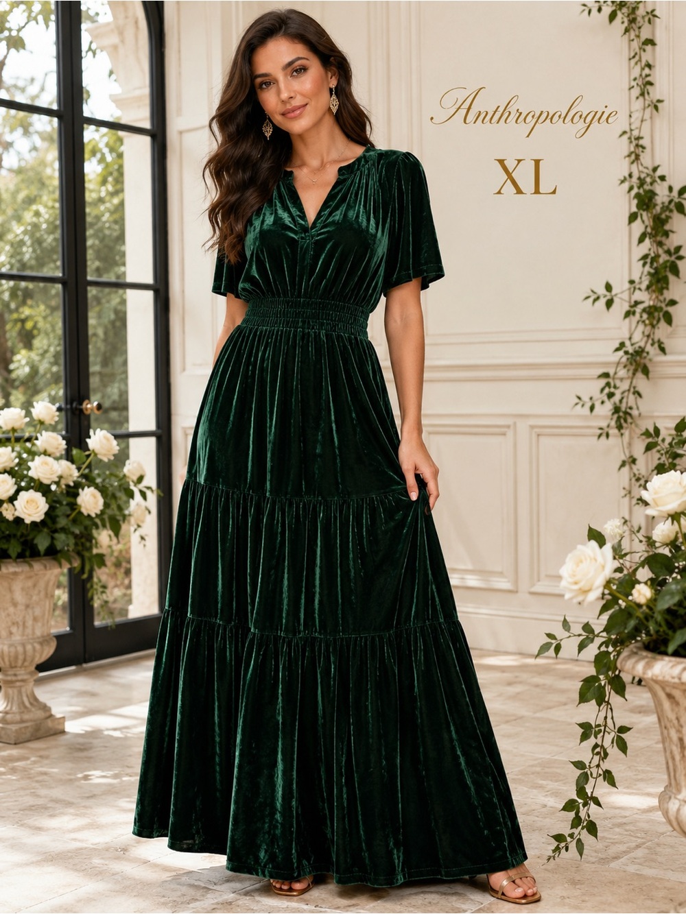 Anthropologie XL Emerald Green Velvet Tiered Maxi Dress Boho Luxe - Picture 1 of 16
